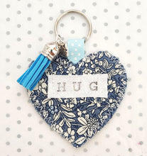 Load image into Gallery viewer, Handmade Pocket Hug heart fabric keyring with tassel - Blue Vintage print - bag charm - keychain - missing you gift - stay safe gift