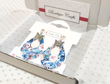 Load image into Gallery viewer, Floral Teardrop Earrings with Butterfly Charm - Blue