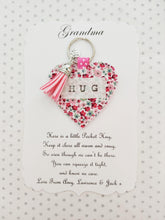 Load image into Gallery viewer, Handmade Pocket Hug heart fabric keyring with tassel - Pink Disty Print - bag charm - keychain - missing you gift - stay safe gift - BoutiqueCrafts