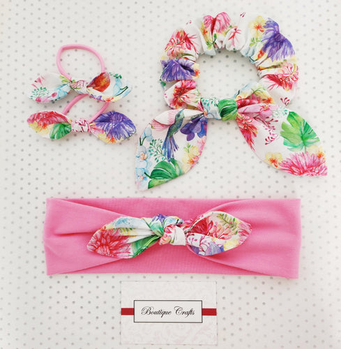 Mummy and Me Headband Matching Set - Including Bow Scrunchie, Hair Bow Ties, Bow Headband - Humming Bird Floral - BoutiqueCrafts