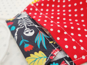 Halloween Face Mask - Removable Nose Wire - Filter Pocket - Adjustable Elastic Ties - Skeleton Print - Red Polka Dot Lining - BoutiqueCrafts