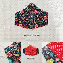 Load image into Gallery viewer, Halloween Face Mask - Removable Nose Wire - Filter Pocket - Adjustable Elastic Ties - Skeleton Print - Red Polka Dot Lining - BoutiqueCrafts