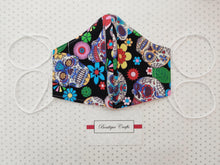 Load image into Gallery viewer, Halloween Face Mask - Removable Nose Wire - Filter Pocket - Adjustable Elastic Ties - Sugar Skull Print - Pink Polka Dot Lining - BoutiqueCrafts