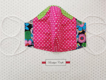Load image into Gallery viewer, Halloween Face Mask - Removable Nose Wire - Filter Pocket - Adjustable Elastic Ties - Sugar Skull Print - Pink Polka Dot Lining - BoutiqueCrafts