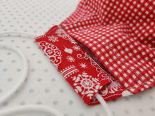 Load image into Gallery viewer, Christmas Face Mask and Matching Scrunchie Set - Baubles and Snowflakes Print - Red Gingham Lining - BoutiqueCrafts
