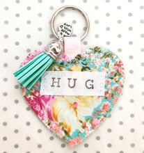 Load image into Gallery viewer, Handmade Pocket Hug heart fabric keyring with tassel - Aqua Floral Print - bag charm - keychain - missing you gift - stay safe gift