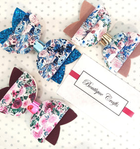 Floral Girls Stacked Hair Bow - Rose Prints