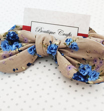 Load image into Gallery viewer, Cotton Hair Bow Scrunchie with small bow tails - Taupe and Blue Floral