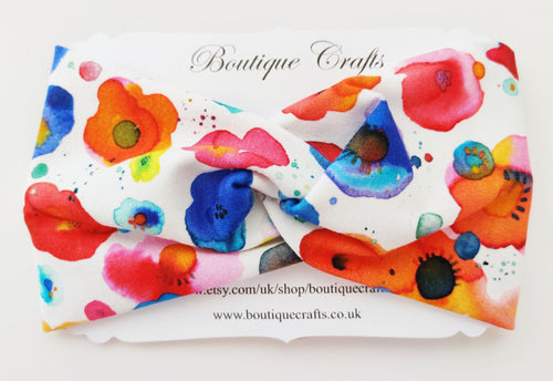 Twist detail stretchy headband - White Watercolour Floral - BoutiqueCrafts