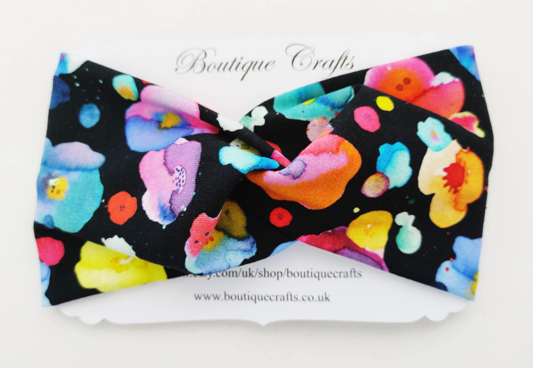 Twist detail stretchy headband - Black Watercolour Floral - BoutiqueCrafts