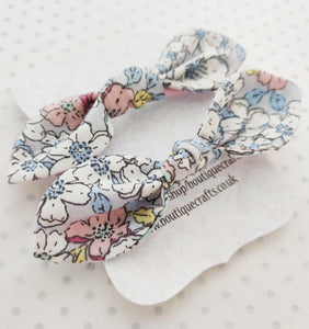 Girls Hair Bow Bobble Ties - Blue Pastel Floral Print - BoutiqueCrafts