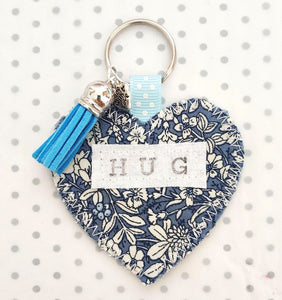 Handmade Pocket Hug heart fabric keyring with tassel - Blue Vintage print - bag charm - keychain - missing you gift - stay safe gift