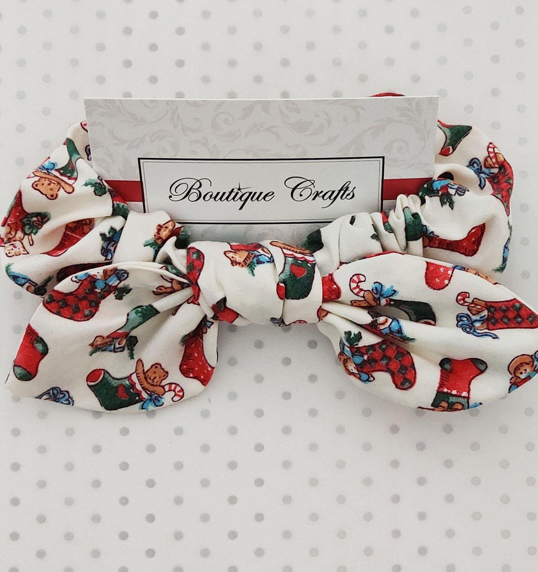 Christmas Cotton Hair Bow Scrunchie with small bow tails - Ivory Stockings -  scrunchie for Girls - scrunchie for women - BoutiqueCrafts