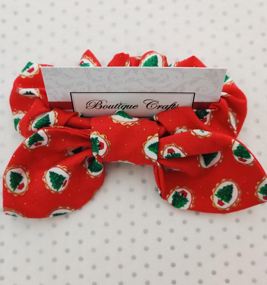 Christmas Cotton Hair Bow Scrunchie with small bow tails - Mini Trees -  scrunchie for Girls - scrunchie for women - BoutiqueCrafts