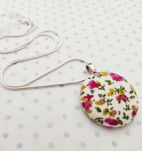 Handmade Fabric covered button necklace - Ivory Ditsy Floral Fabric - 18" Silver Plated Snake Chain - BoutiqueCrafts