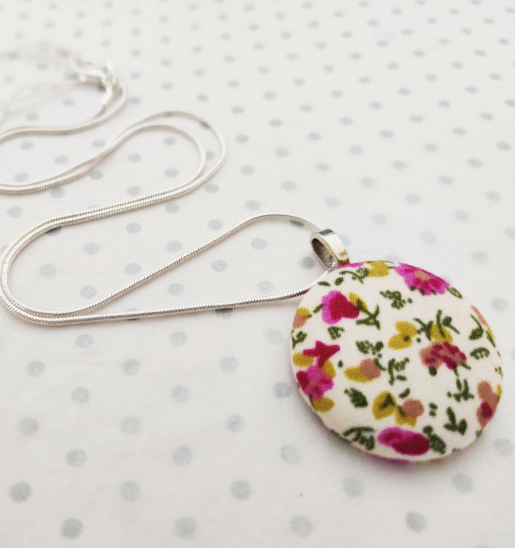 Handmade Fabric covered button necklace - Ivory Ditsy Floral Fabric - 18