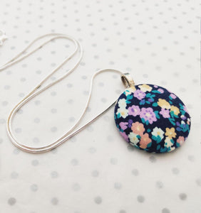 Handmade Fabric covered button necklace - Navy Ditsy Floral Fabric - 18" Silver Plated Snake Chain - BoutiqueCrafts