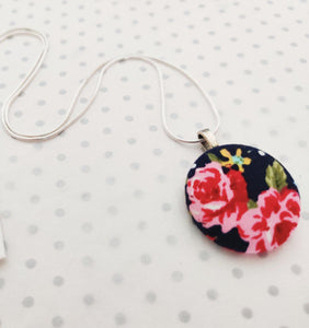 Handmade Fabric covered button necklace - Navy Roses Floral Fabric - 18" Silver Plated Snake Chain - BoutiqueCrafts