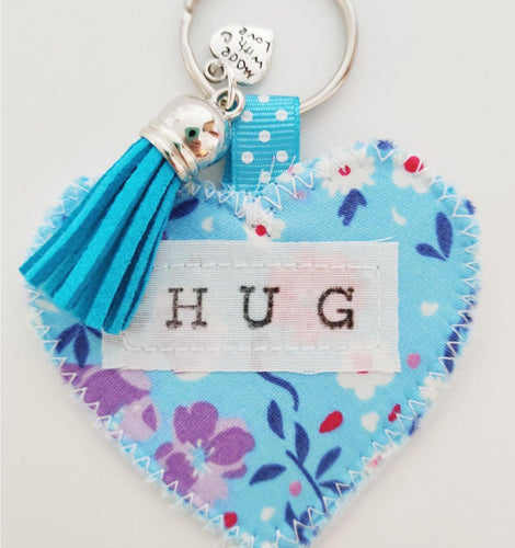 Handmade Pocket Hug heart fabric keyring with tassel - Cornflower Blue Floral Print - bag charm - keychain - missing you gift - stay safe gift - BoutiqueCrafts