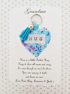 Handmade Pocket Hug heart fabric keyring with tassel - Cornflower Blue Floral Print - bag charm - keychain - missing you gift - stay safe gift - BoutiqueCrafts