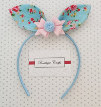 Load image into Gallery viewer, Bunny Ear Headband with detachable bow - Blue and Pink
