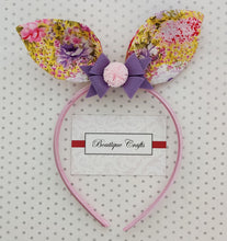 Load image into Gallery viewer, Bunny Ear Headband with detachable bow - Yellow and Pink
