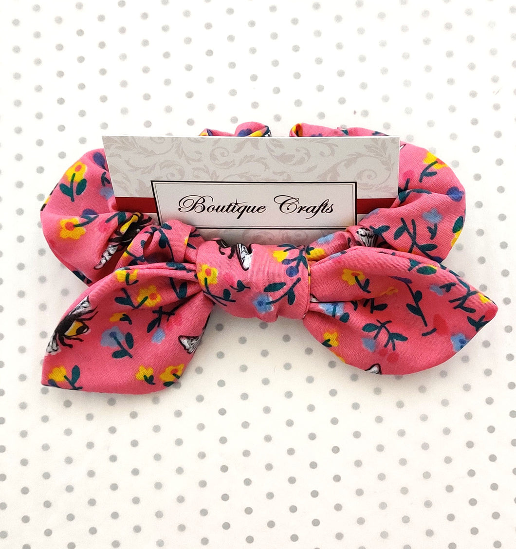Easter Hair Bow Scrunchie with small bow tails - Pink Bees