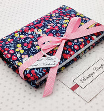 Load image into Gallery viewer, Handmade Small Fabric Covered Notebook - Lined Paper - Navy Berries Print with Ribbon Ties - BoutiqueCrafts
