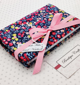 Handmade Small Fabric Covered Notebook - Lined Paper - Navy Berries Print with Ribbon Ties - BoutiqueCrafts
