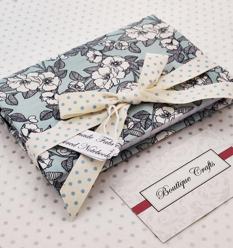 Handmade Small Fabric Covered Notebook - Lined Paper - Mint Floral Print with Ribbon Ties - BoutiqueCrafts