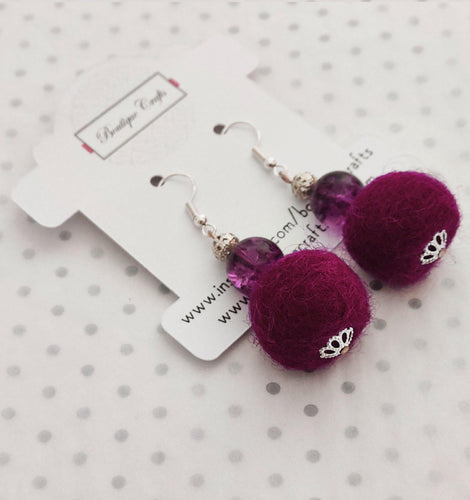 Handmade Felt Beaded Earrings - Purple - BoutiqueCrafts