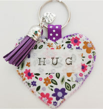 Load image into Gallery viewer, Handmade Pocket Hug heart fabric keyring with tassel - Folk Floral Print - bag charm - missing you gift - stay safe gift - BoutiqueCrafts
