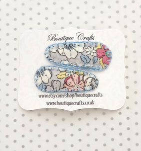 Hair Clips - Pastel Blues Floral Fabric Snaps