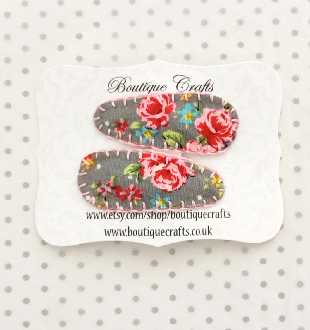 Hair Clips - Grey Floral Fabric Snaps