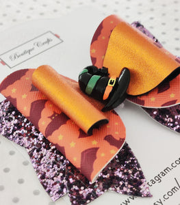 Halloween Girls Stacked Hair Bow Clip - Bat and Witch Hat Print - BoutiqueCrafts