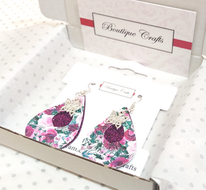 Floral Teardrop Earrings with Butterfly Charm - Purple