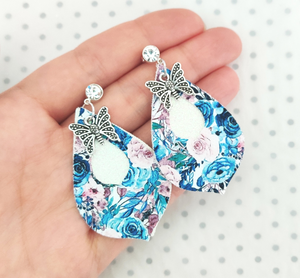 Floral Teardrop Earrings with Butterfly Charm - Blue