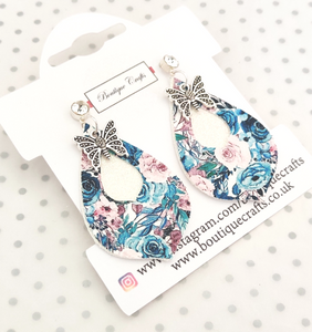 Floral Teardrop Earrings with Butterfly Charm - Blue