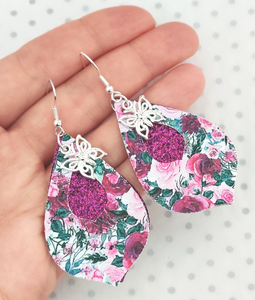 Floral Teardrop Earrings with Butterfly Charm - Purple