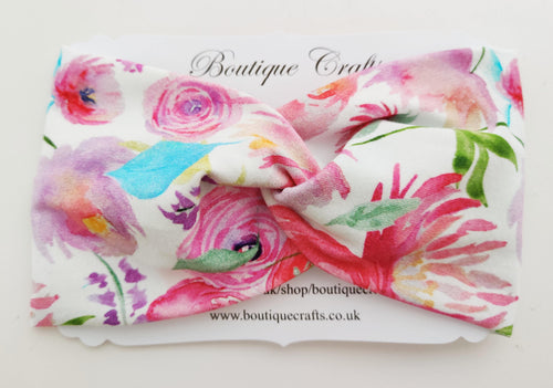 Twist detail stretchy headband - Pink Roses - BoutiqueCrafts