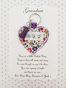 Handmade Pocket Hug heart fabric keyring with tassel - Folk Floral Print - bag charm - missing you gift - stay safe gift - BoutiqueCrafts