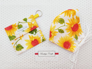 Face Mask Bag - Face Mask Pouch - Face Mask Bag with Keyring - Mask Holder - 100% Cotton - Sunflowers - BoutiqueCrafts