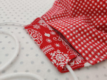 Load image into Gallery viewer, Christmas Face Mask and Matching Scrunchie Set - Baubles and Snowflakes Print - Red Gingham Lining - BoutiqueCrafts

