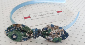 Alice Band with Floral Fabric Bow - Sky Blue