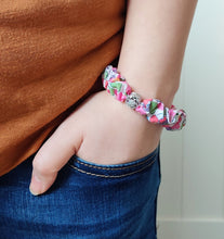 Load image into Gallery viewer, Pink Liberty Scrunchie Bracelet with Flower Charm
