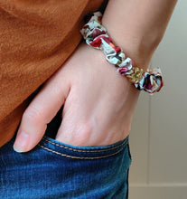 Load image into Gallery viewer, Red Liberty Scrunchie Bracelet with Gold Flower Charm
