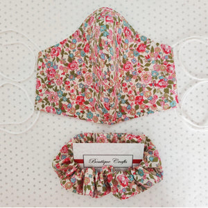 Face Mask and Matching Scrunchie Set - Country Floral Print - Pink Polka Dot Lining - BoutiqueCrafts