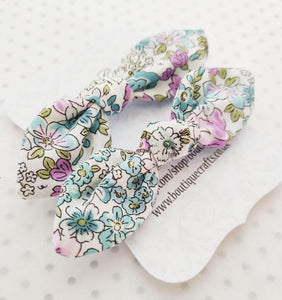 Girls Hair Bow Bobble Ties - Mint Floral Print - BoutiqueCrafts