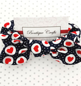 Valentines Cotton Hair Bow Scrunchie - Navy Heart Print - BoutiqueCrafts