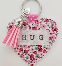 Load image into Gallery viewer, Handmade Pocket Hug heart fabric keyring with tassel - Pink Disty Print - bag charm - keychain - missing you gift - stay safe gift - BoutiqueCrafts
